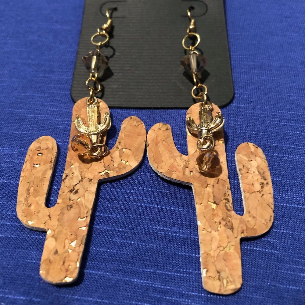 Cork Cactus Dangle Earrings with Gold and Brown Bead Dangles
